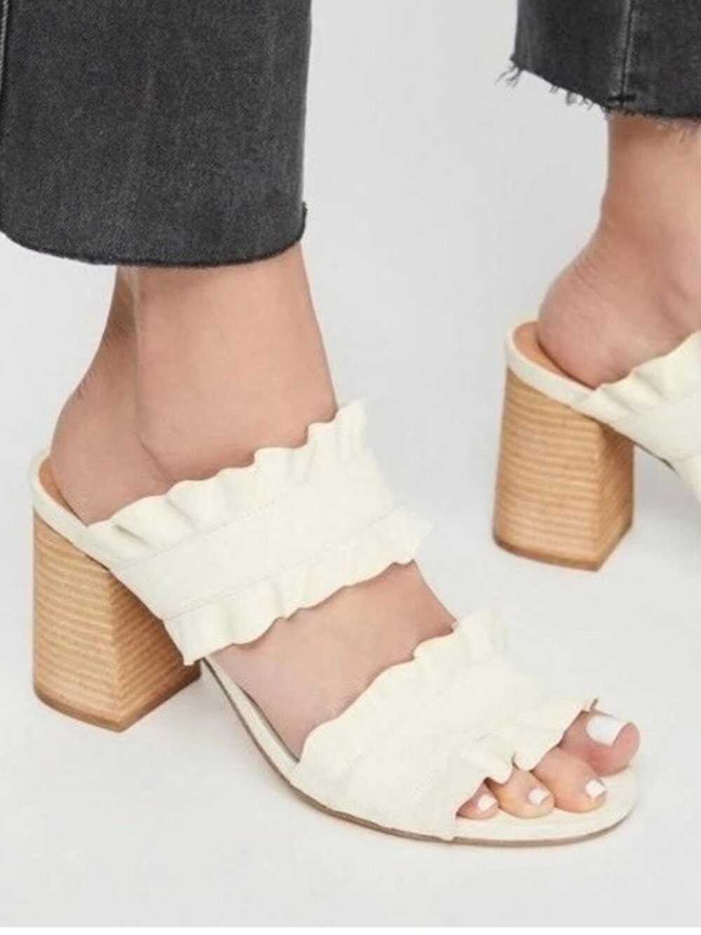 Free People Rosie Ruffle Block Heel Suede Mules Cream Size 37